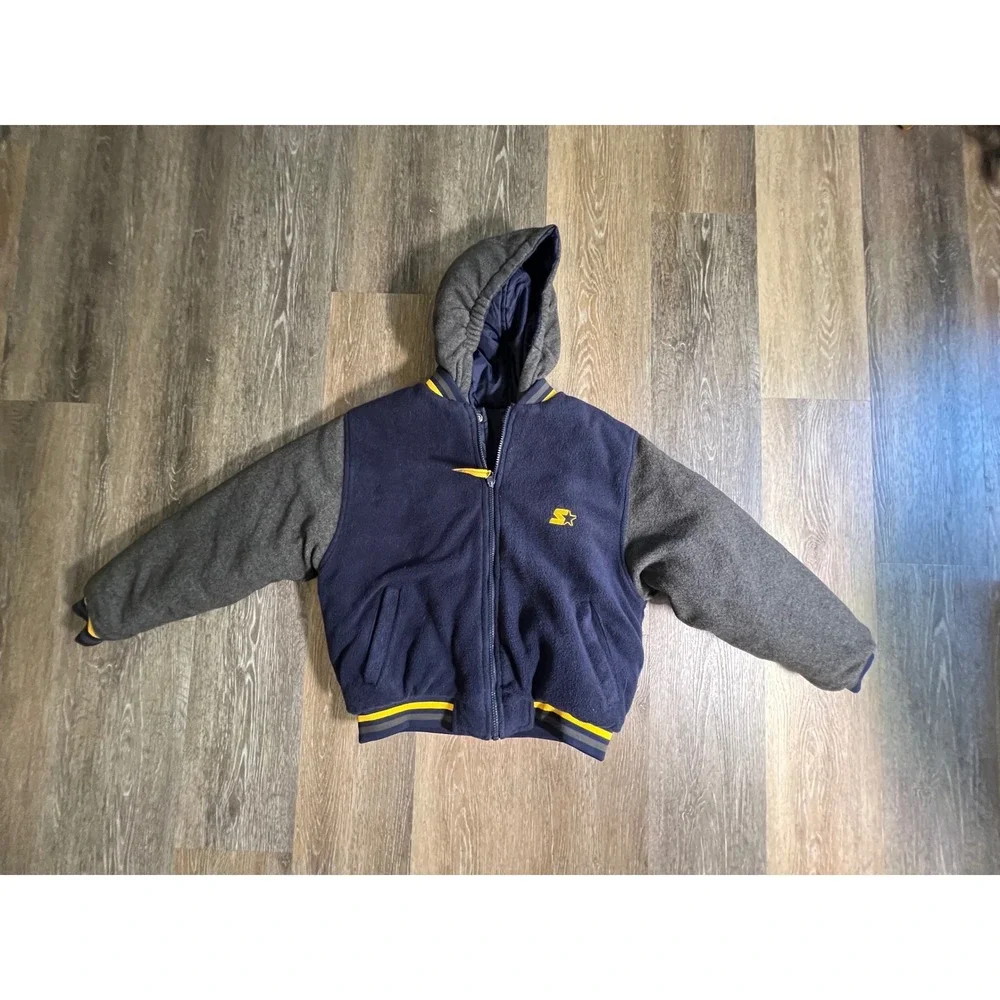 Starter Reversible Puffer Jacket Kids Size L Navy‎ Yellow Hooded Varsity Coat